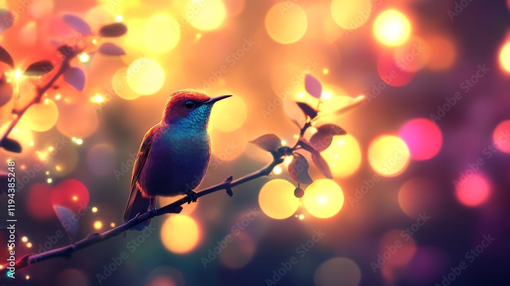 Poster Close-up of a vibrant bird perched on a branch, with a stunning, blurred background of colorful lights and bokeh effects creating a magical atmosphere.