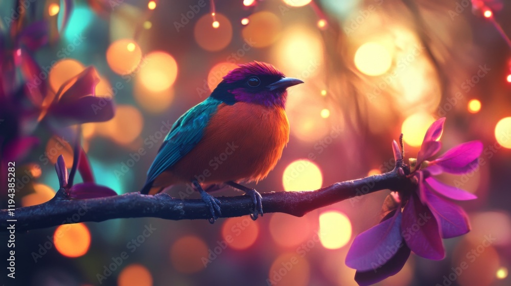 Poster Close-up of a vibrant bird perched on a branch, with a stunning, blurred background of colorful lights and bokeh effects creating a magical atmosphere.