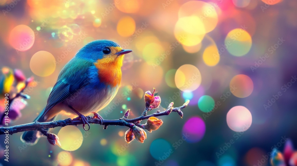 Poster Close-up of a vibrant bird perched on a branch, with a stunning, blurred background of colorful lights and bokeh effects creating a magical atmosphere.