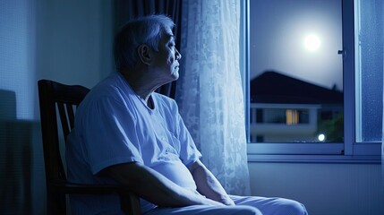  Tired elderly person in pajamas sitting by window, room softly illuminated by moonlight, highlighting sleep disturbance impact.