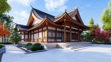 Obraz premium Traditional Asian Architecture with Lush Surroundings and Clear Sky
