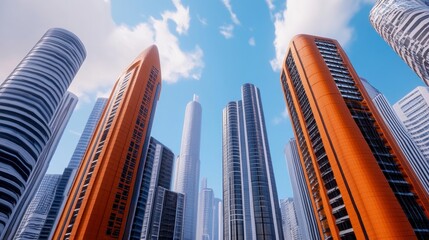 Fototapeta premium Modern Skyscrapers Under Bright Blue Sky in Urban Landscape