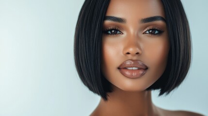 Close-up of a woman with a chic bob haircut, emphasizing the sleek, well-maintained ends and the overall stylish look against a clean background.