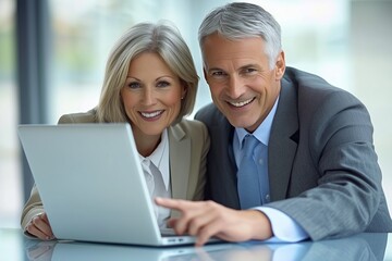 Obraz premium businesswoman and man working together on a laptop in the modern office environment. They are focused and discussing a project, showcasing teamwork and collaboration in a professional setting