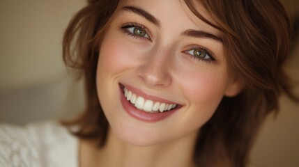 Close-up of a woman with a subtle, elegant smile, showing her white, well-maintained teeth and adding a touch of sophistication to her expression.