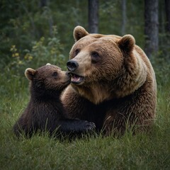 Obraz premium Capture a mother bear playing with her cubs.