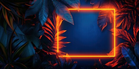 Real neon tropical leave background frame dark.