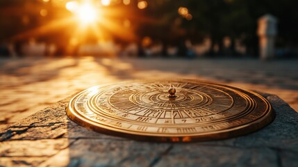 Golden Sun Dial on Stone Surface at Sunset, Perfect for Decorative Art and Home Decor