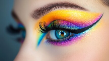 Close-up of a woman with vibrant, artistic makeup, featuring colorful eyeshadow and eyeliner, demonstrating creativity and boldness in her beauty look.