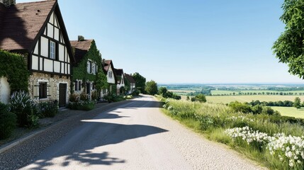 Scenic countryside road lined with charming houses and greenery.
