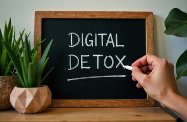 A hand writes the phrase digital detox on a chalkboard, surrounded by decorative plants in a warm indoor space