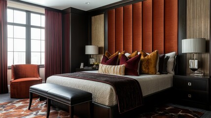 Opulent master bedroom with a king-sized bed, velvet accents, and rich textures, exuding sophistication and comfort