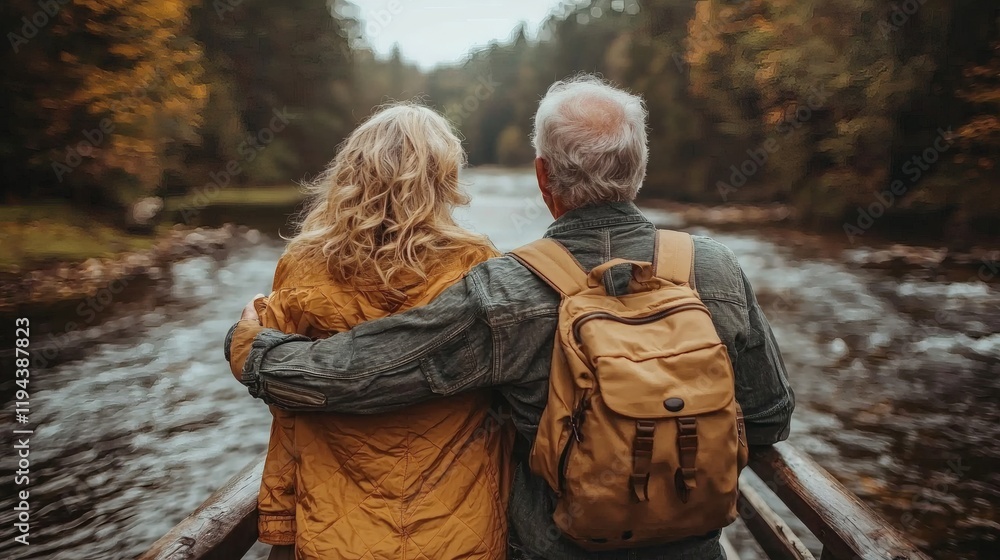 Poster elderly partners standing on a rustic wooden bridge overlooking a serene stream stock photo with sid