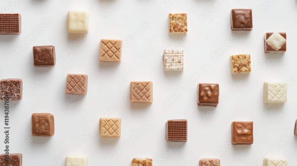 Aufkleber an assortment of various chocolate bonbons arranged on a white surface displaying a range of texture