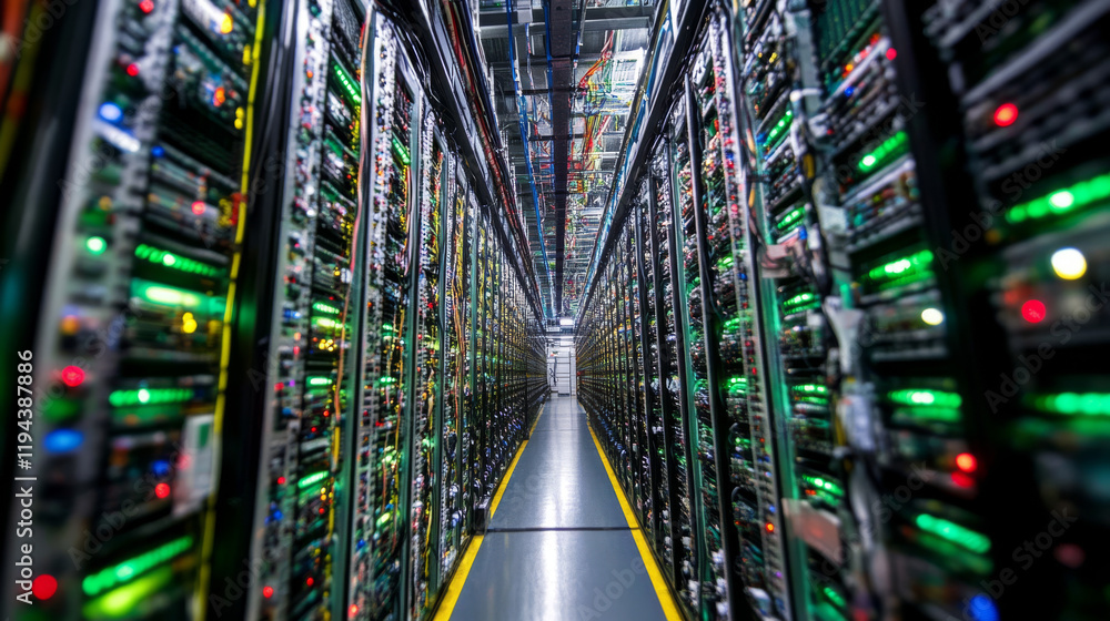 Poster modern data center with computer servers. vector cartoon illustration of dark room with information 