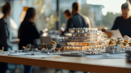 Fototapeta premium collaborative team is reviewing project plans with building model in modern workspace. atmosphere is focused and creative, showcasing teamwork and architectural design