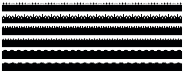 Set of 6 isolated seamless decorative vector edges for design. Scalloped edge seamless brush strokes set. Simple scalloped border. 