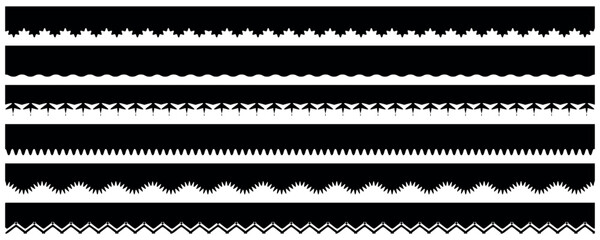 Scalloped edge border frilly stroke divider black silhouette elements seamless frame. Traditional simple ornament with circles, embroidery ribbon. Vector illustration isolated on white background. 