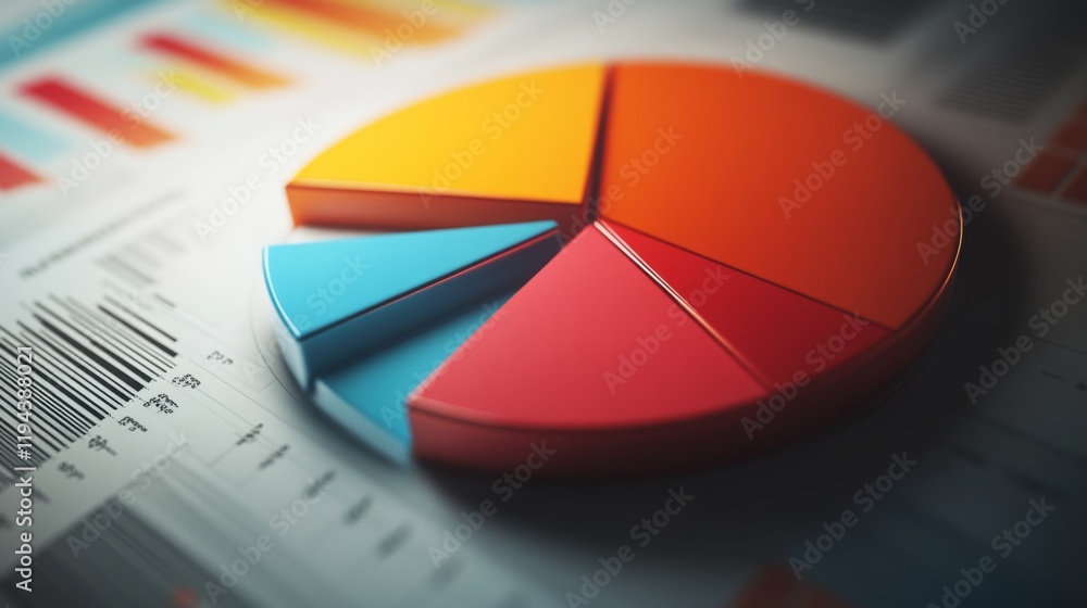 Poster Detailed shot of a D pie chart with a shadowed effect, showing detailed breakdowns of data in a visually appealing and informative format.