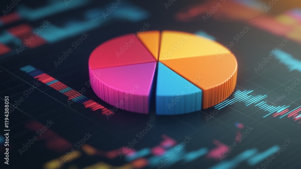 Poster detailed shot of a d pie chart with rotating segments, illustrating a dynamic data analysis with a f