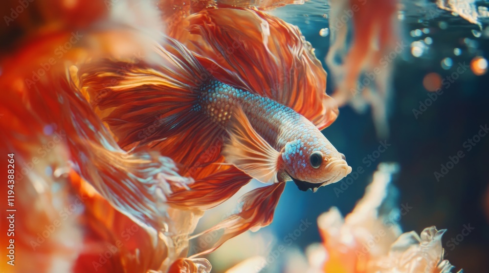 Poster detailed shot of a betta fish with elaborate fins and vivid hues, showcasing its intricate patterns 