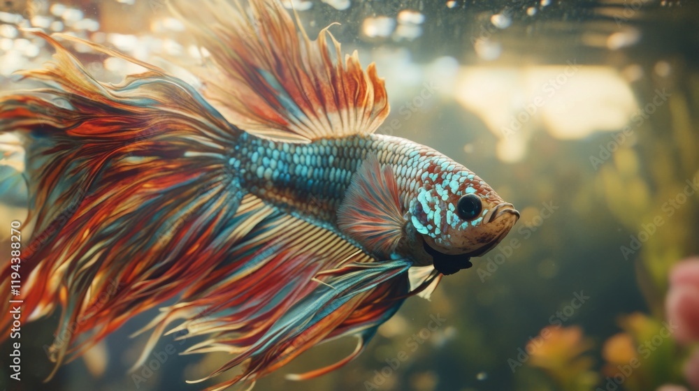 Poster detailed shot of a betta fish with elaborate fins and vivid hues, showcasing its intricate patterns 