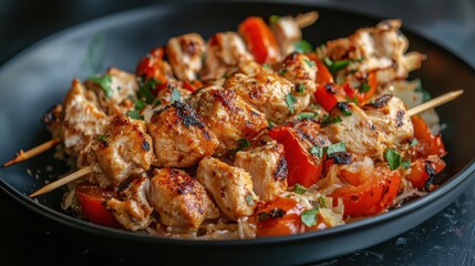 Fototapeta premium Grilled chicken skewers served on a dark plate with vegetables and herbs