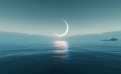 A glowing crescent moon circles on the horizon with an ocean in front of it, ethereal and dreamy,