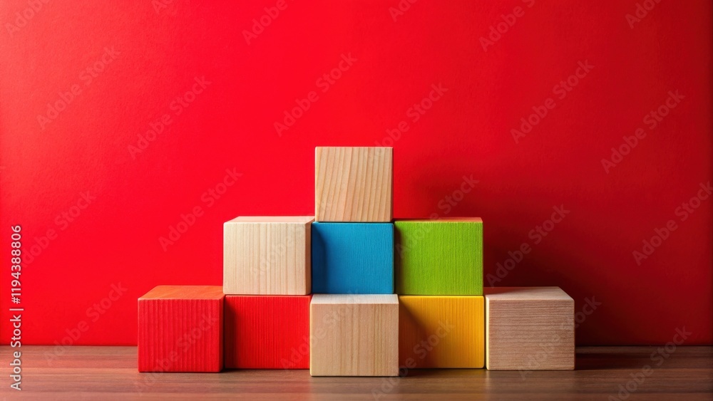 Poster colorful wooden blocks arranged in a pyramid shape against a red background