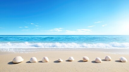 Obraz premium Serene beach scene with seashells arranged on sandy shore.