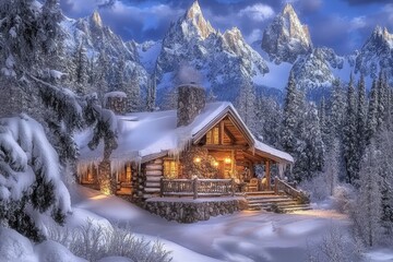 Naklejka premium Cozy log cabin nestled in snowy mountains at twilight.