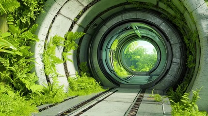 Lush Greenery Surrounds Futuristic Tunnel with Industrial Vibes