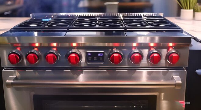 A modern gas range with red knobs and digital display for cooking.