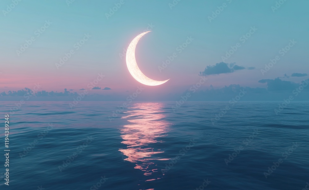 Wall mural a glowing crescent moon circles on the horizon with an ocean in front of it, ethereal and dreamy,