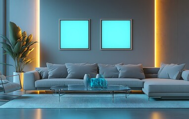 Modern living room, night scene, ambient lighting,  cozy sofa, design inspiration