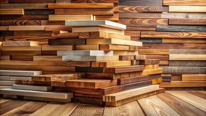 Fototapeta premium A Stack of Various Wood Planks and Boards, Showing Different Wood Grains and Colors