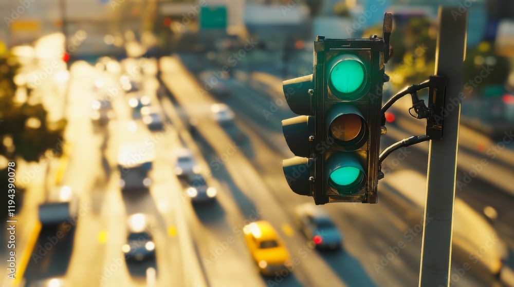 Poster detailed shot of a traffic signal with green light on, highlighting the clear visibility of the sign