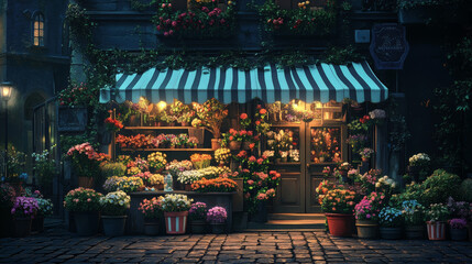 Flower shop facade in night city street. Vector cartoon illustration of urban floral boutique, gift storefront with illuminated windows and garlands, striped tent above door, flowerpots on shelf