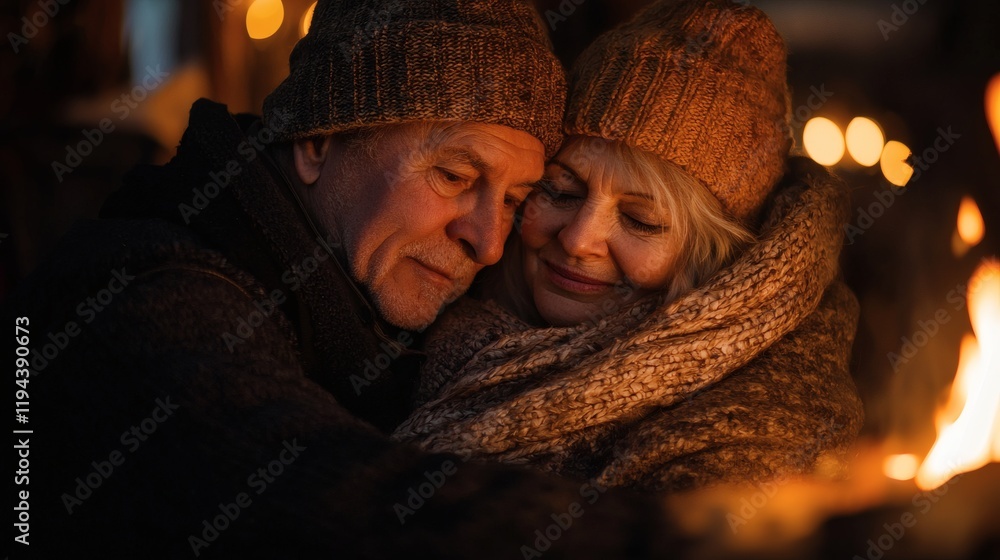 Poster a senior couple enjoying a warm fireplace while wrapped in a blanket during winter stock photo with 