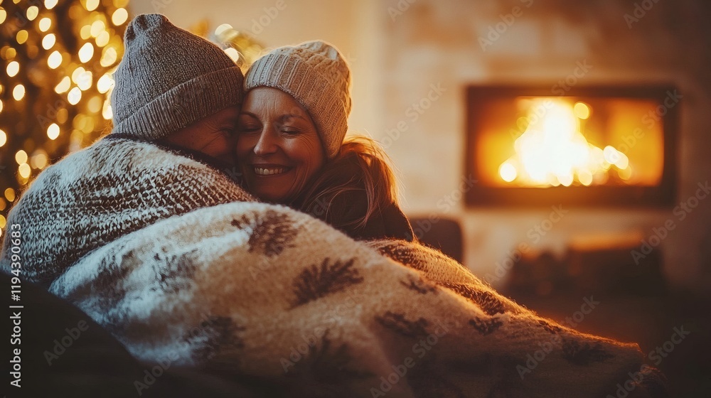 Poster a senior couple enjoying a warm fireplace while wrapped in a blanket during winter stock photo with 