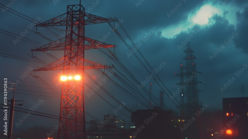 Poster detailed view of an electricity transmission tower at dusk, with power lines illuminated by the sett