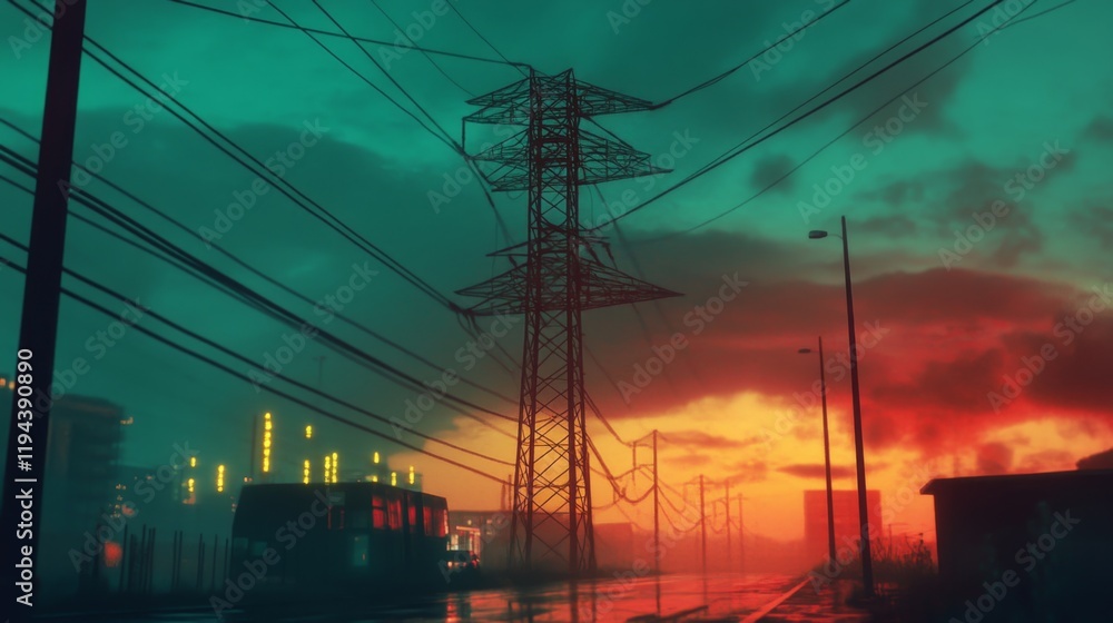 Poster detailed view of an electricity transmission tower at dusk, with power lines illuminated by the sett