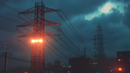 Fototapeta na wymiar Detailed view of an electricity transmission tower at dusk, with power lines illuminated by the setting sun, creating a dramatic and industrial scene.