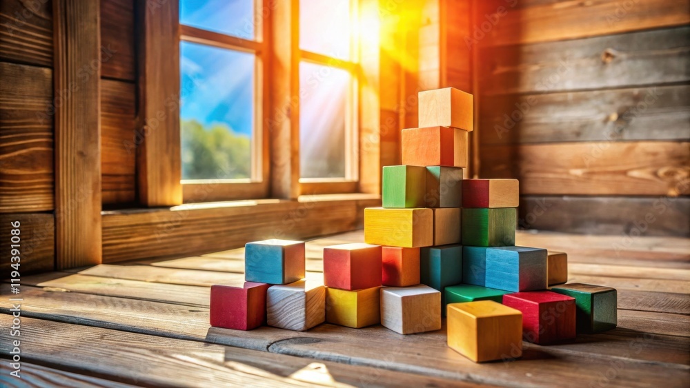 Aufkleber Colorful Wooden Blocks Forming a Structure Near a Window in a Rustic Setting