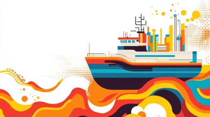Colorful Abstract Illustration of a Large Ship Sailing Through Vibrant Waves with Industrial Elements and a Modern Design Aesthetic