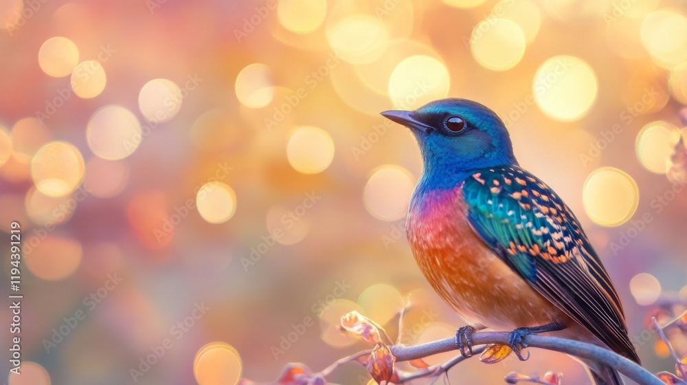 Fototapete Detailed view of a colorful bird in sharp focus, with a softly glowing background of light patterns that create a harmonious and visually appealing contrast.