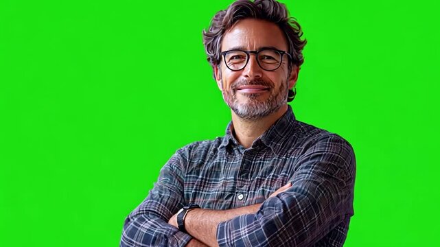 Confident Man, Green Screen: A middle-aged man with a warm smile and arms crossed, exudes confidence against a vibrant green screen background. Perfect for chroma keying and video editing.