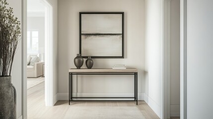Detailed view of a minimalistic entryway with a sleek console table, simple decor, and a calm, neutral color scheme, emphasizing the home's clean design.