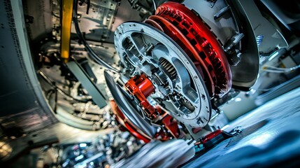 Close-up of an airplane wheel compartment, highlighting the intricate wheel mechanism and surrounding metal structure with a narrow depth of field to emphasize the mechanical details.