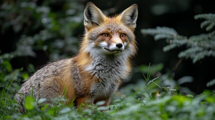 Naklejka premium Red fox alert in forest, wildlife, nature, background foliage. Nature poster